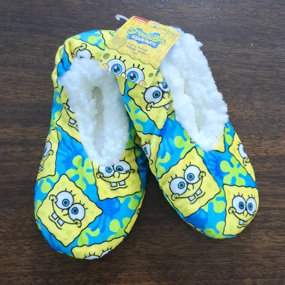 NWT SpongeBob Squarepants Nickelodeon Girls Fuzzy Babba Slipper Socks, Size:S/M